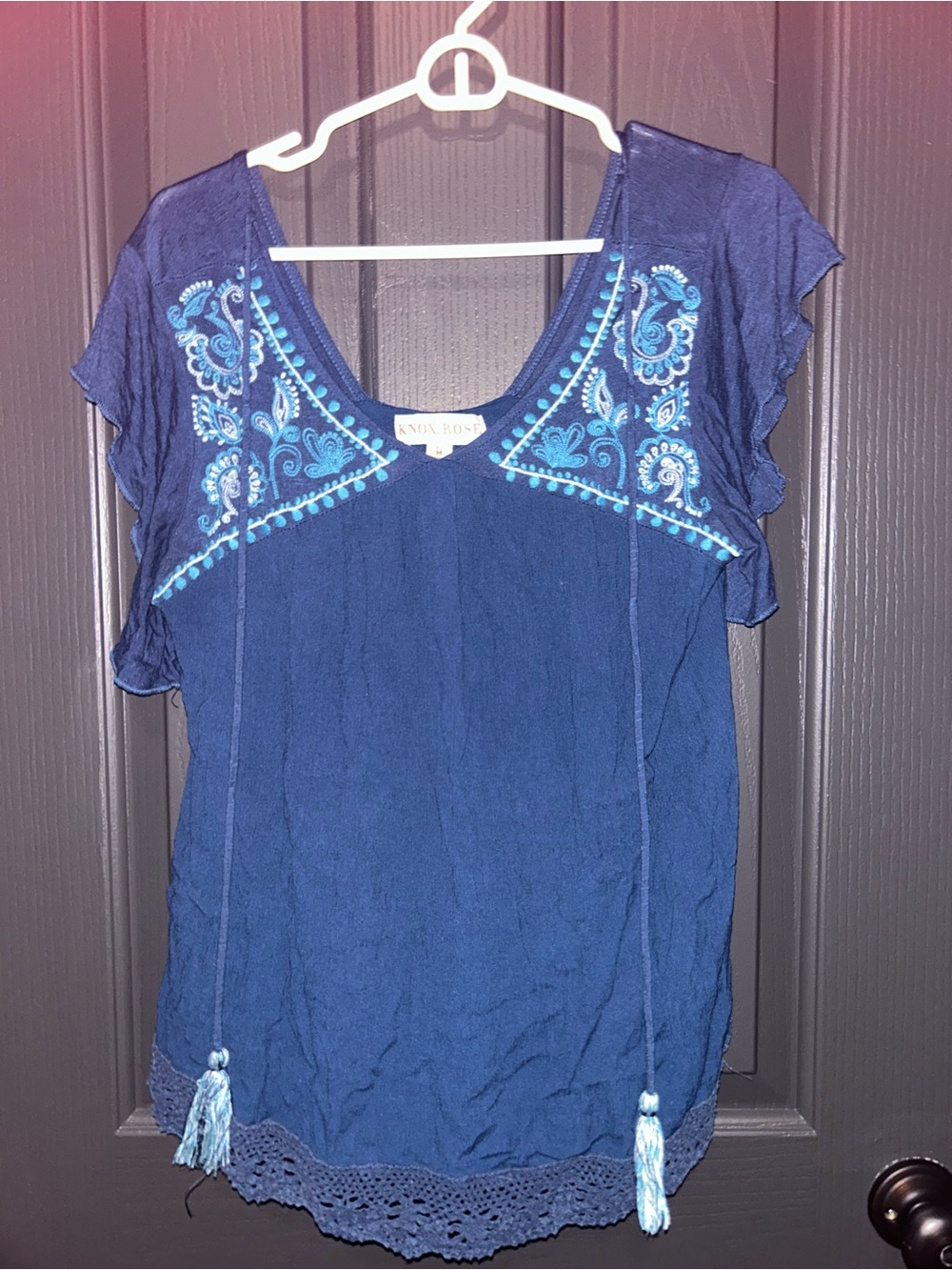Knox Rose Dark Navy Embroidered Tassel V-Neck Blouse